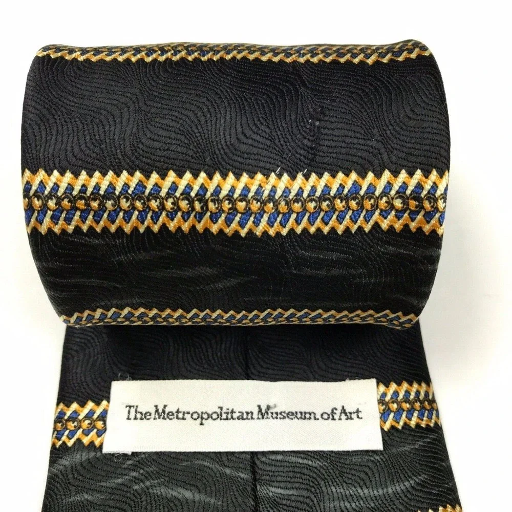 Metropolitan Museum Of Art Black Gray Blue Yellow Abstract Striped Silk Necktie